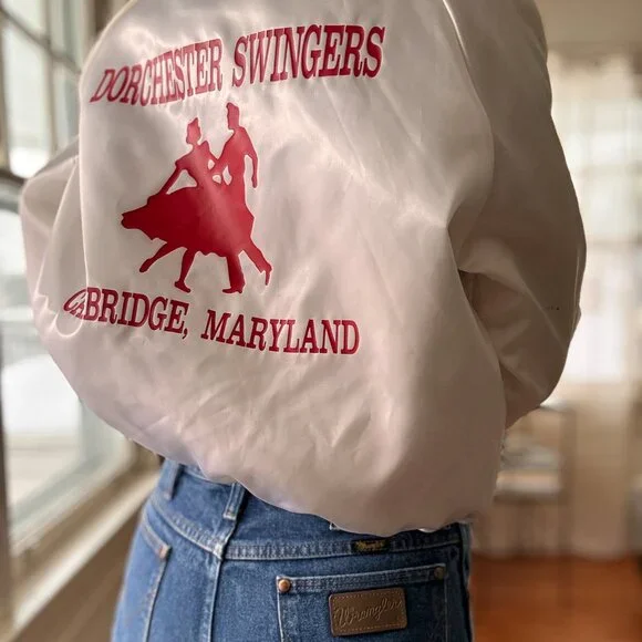 Vintage Satin Nylon Bomber Jacket Dorchester Swingers Cambridge Maryland M Linda - Picture 1 of 8